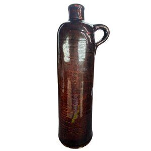 VNTG Stoneware Brown Bottle Side Handle Vase Pitcher BEER Jug Carafe  POTTERY